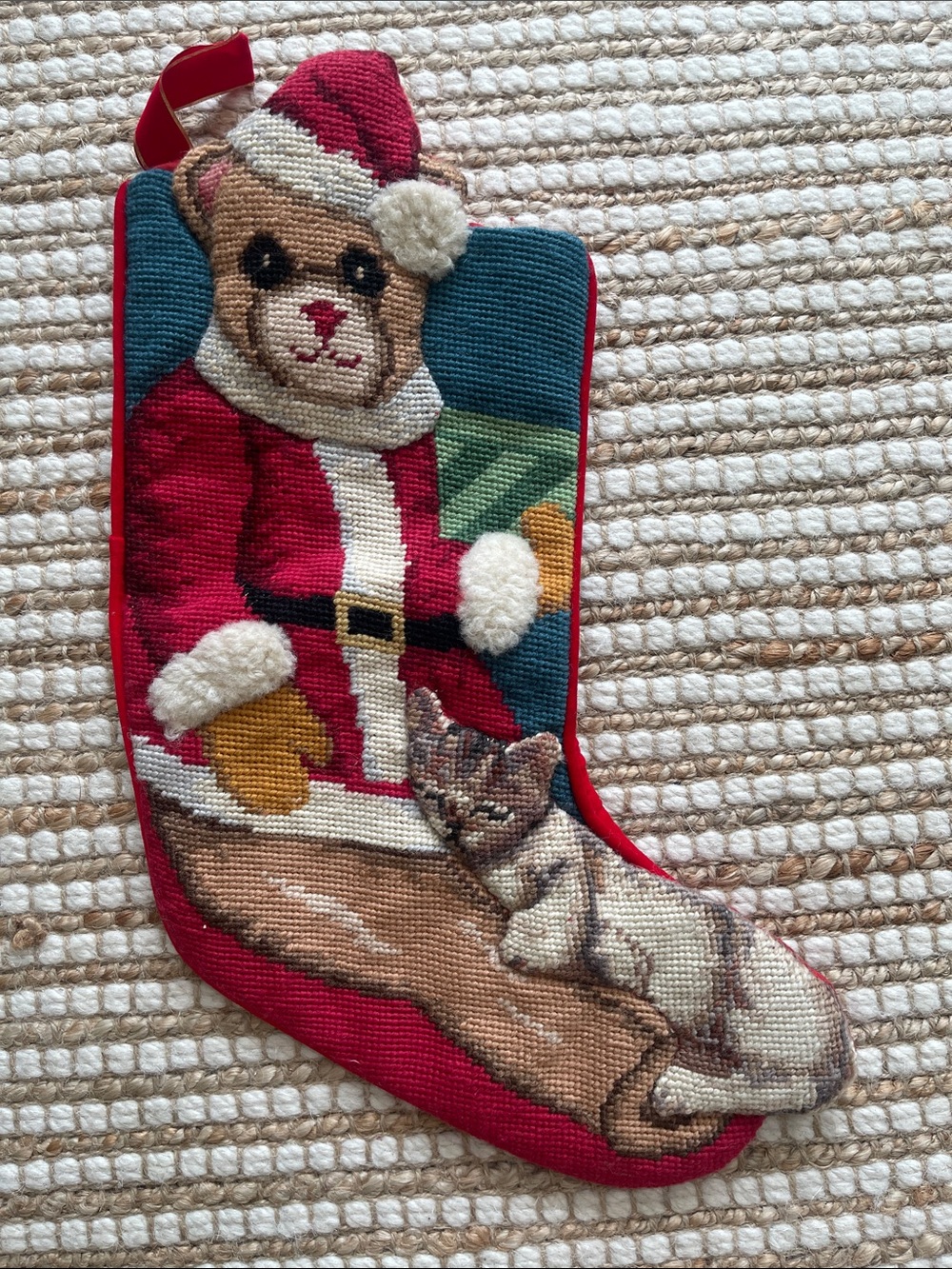 Vintage Needlepoint Stocking Santa Bear & Cat